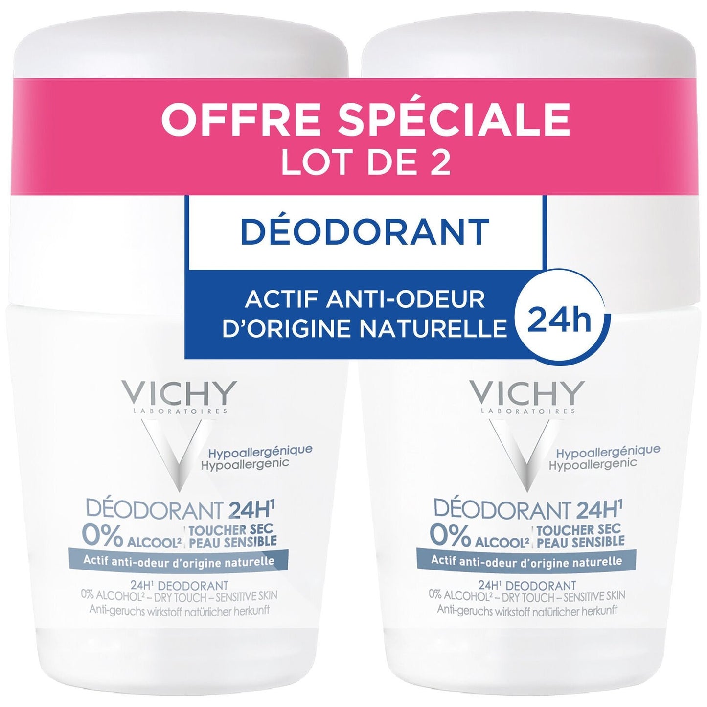 Déodorant Roll-On Femme Anti-Odeurs Efficacité 24h Toucher Sec Sans Sels d'Aluminium VICHY LABORATOIRES le lot de 2 roll-on