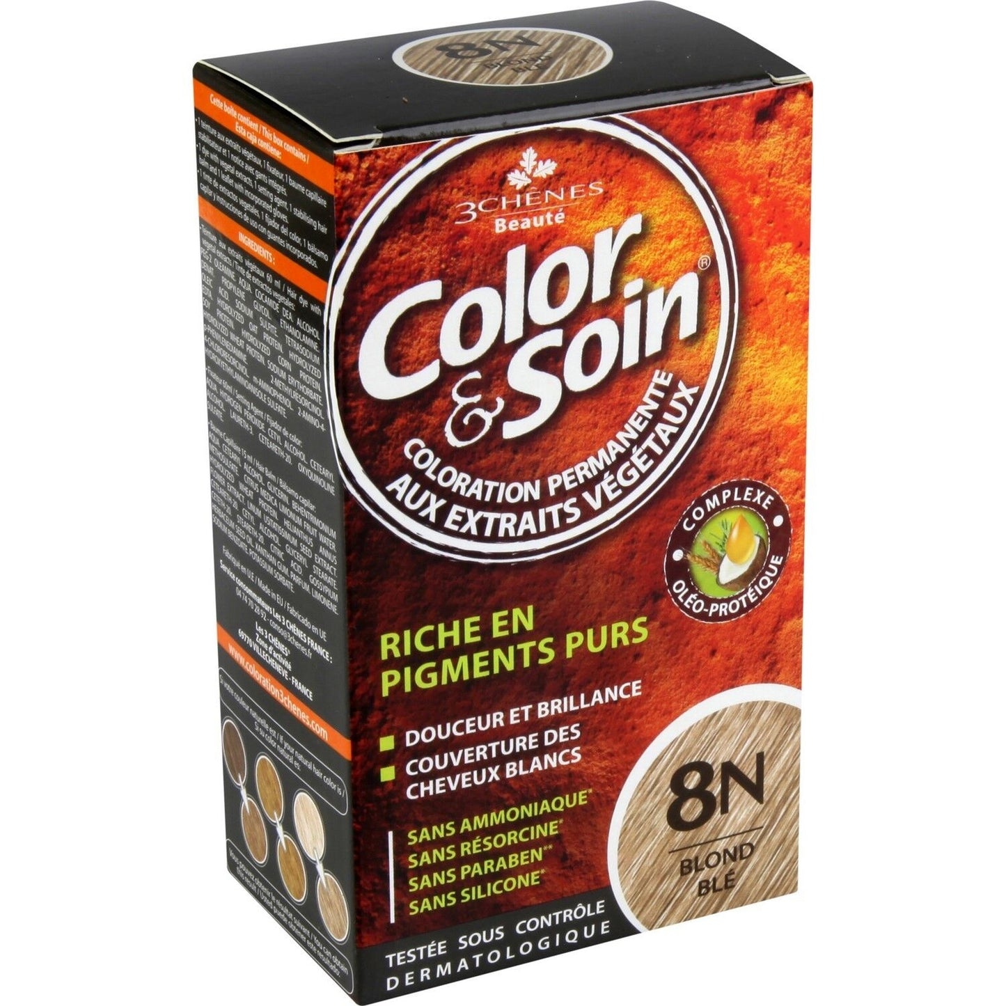 Permanente Coloration 8n Weizenblond Ammoniakfreie Farbe und Pflege 3 CHENES