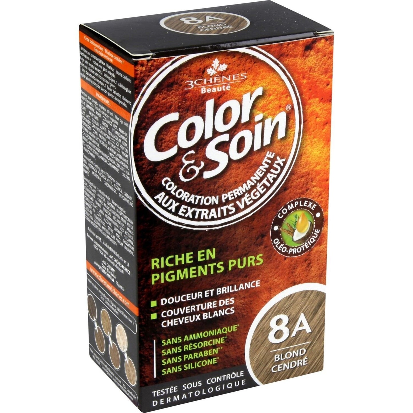 Coloration Permanente 8a Blond Cendré Sans Ammoniaque Color et Soin 3 CHENES la boite