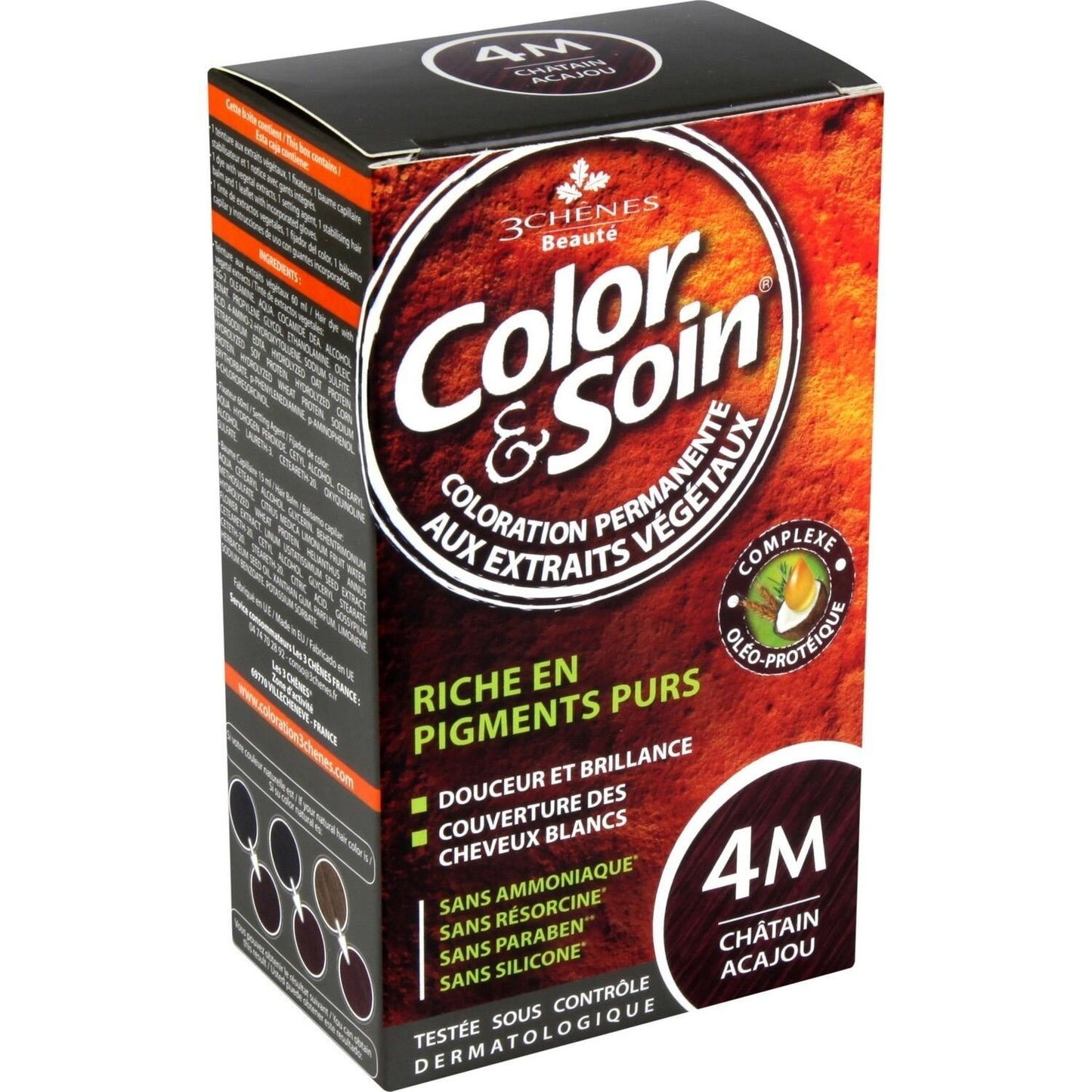 Coloration Permanente 4m Châtain Acajou Sans Ammoniaque Color et Soin 3 CHENES la boite