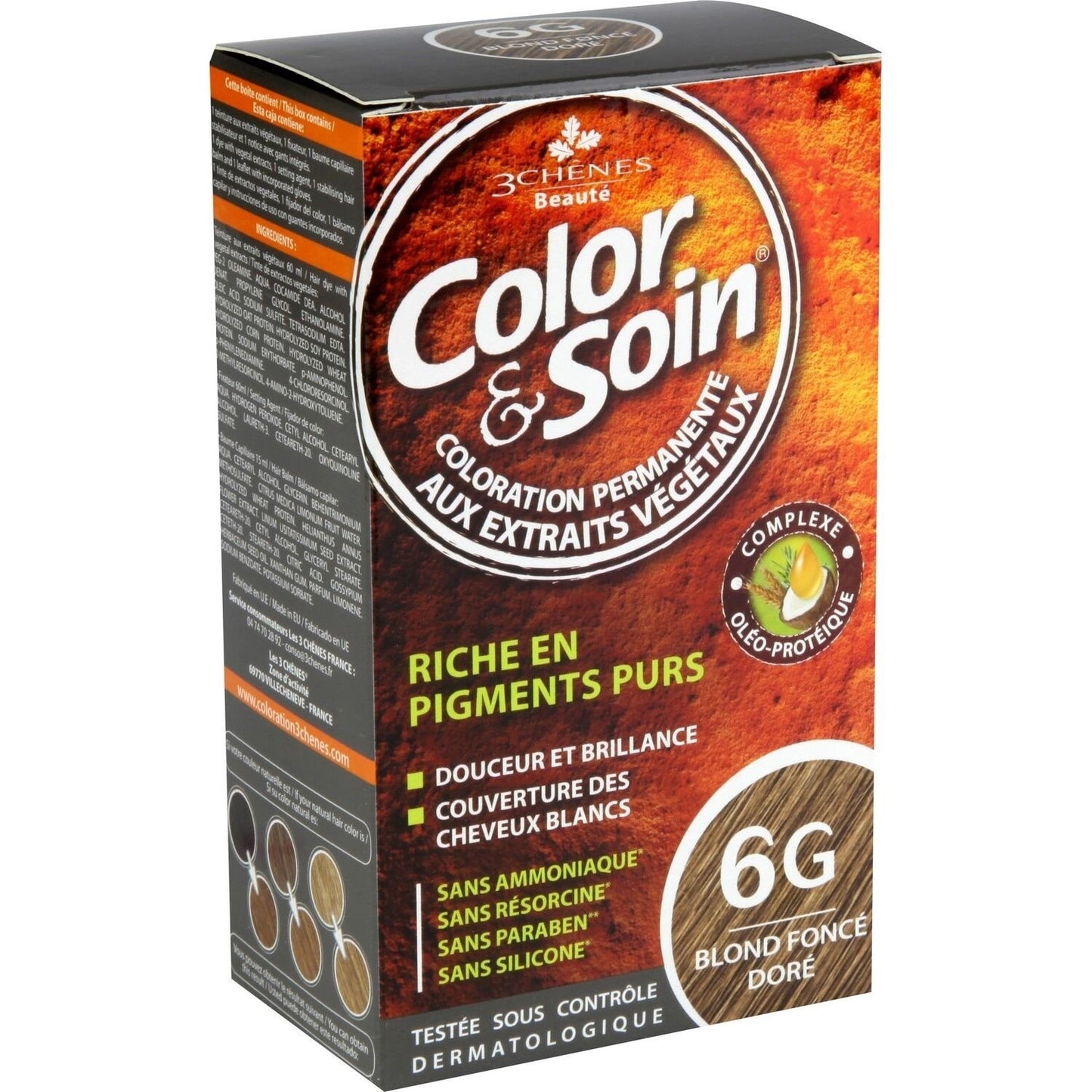 Coloration Permanente 6g Blond Foncé Doré Sans Ammoniaque Color et Soin 3 CHENES la boite