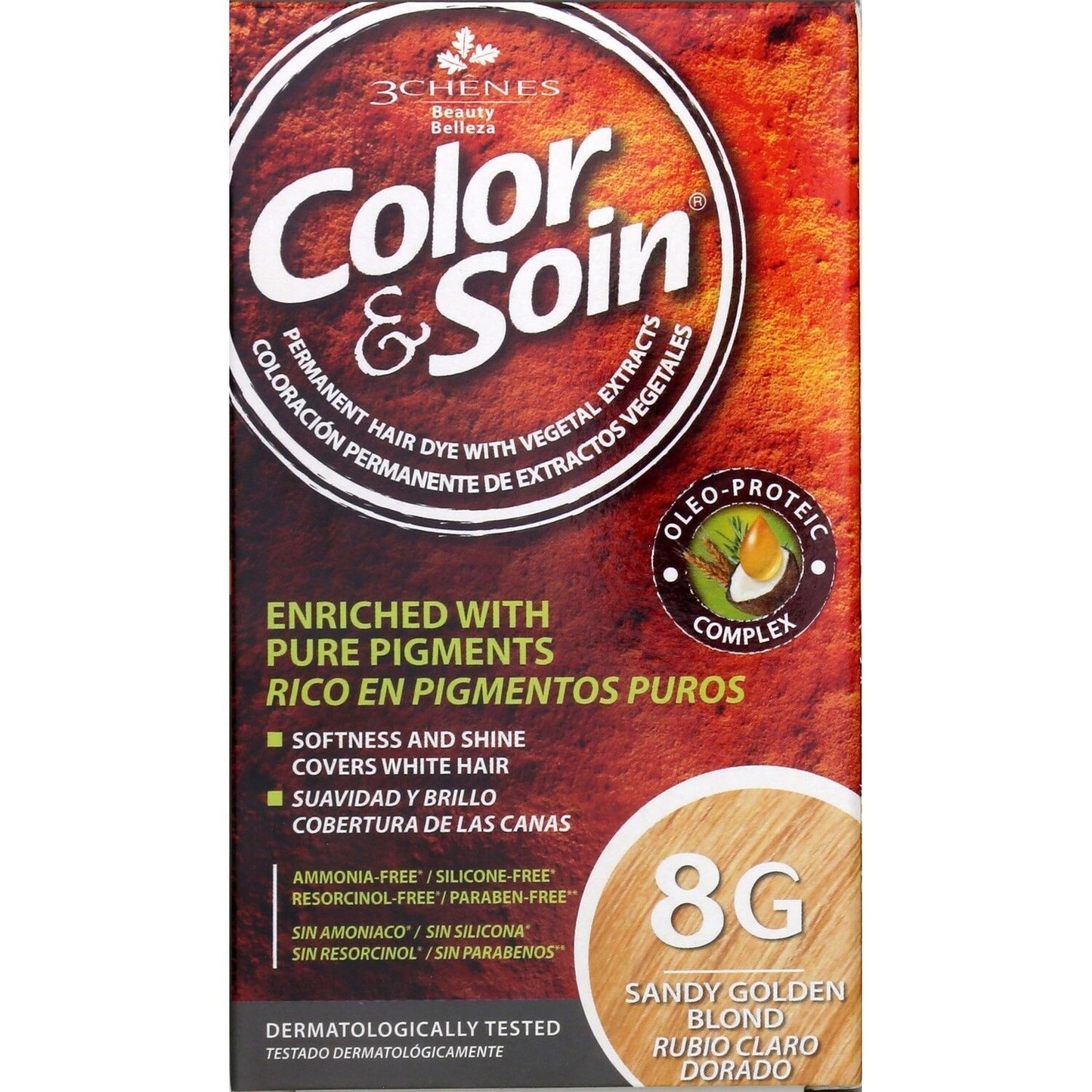 Permanente Farbe 8 g Hellgoldblond, Farbe und Pflege ohne Ammoniak, 3 CHENES