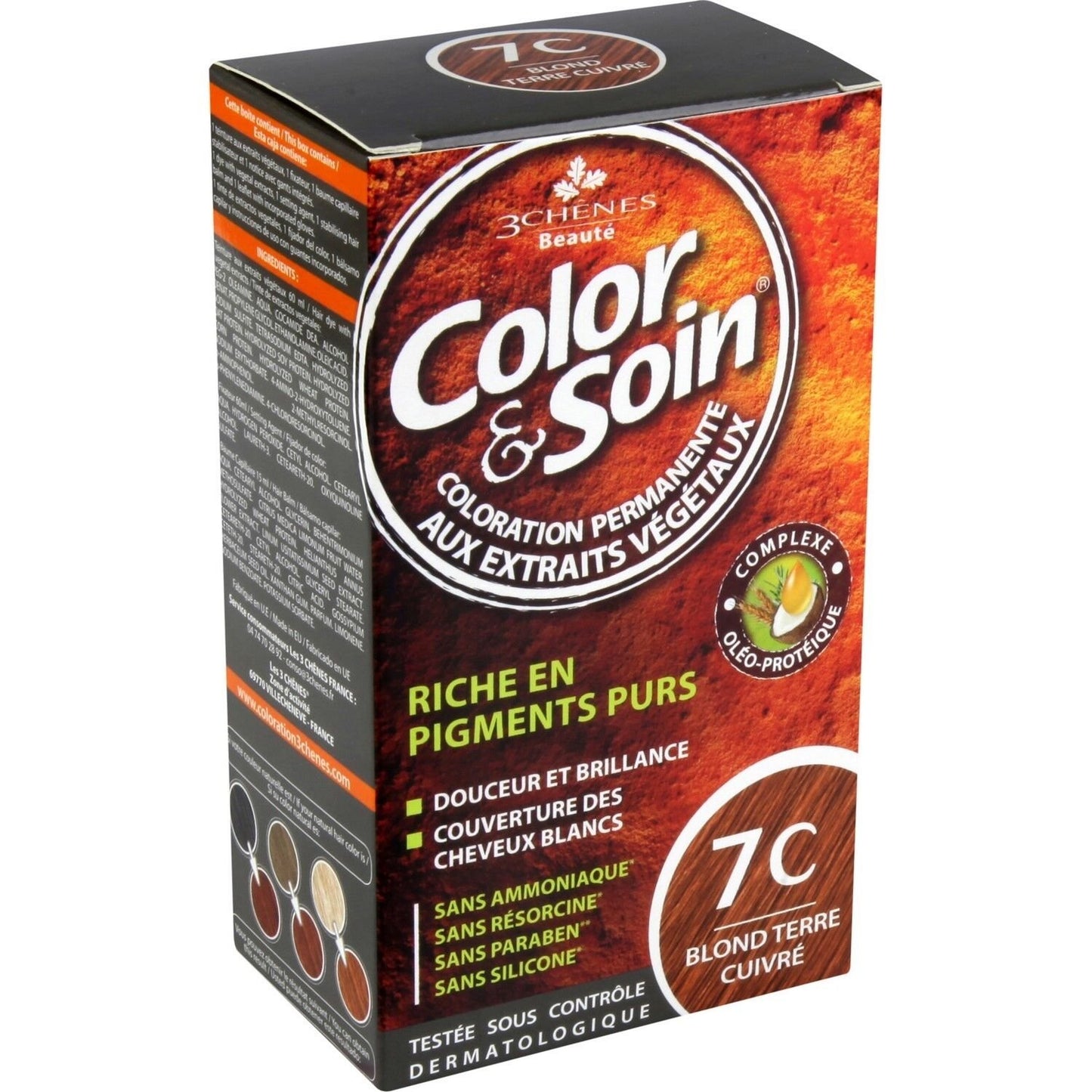 Coloration Permanente 7c Blond Terre Cuivré Sans Ammoniaque Color et Soin 3 CHENES la boite