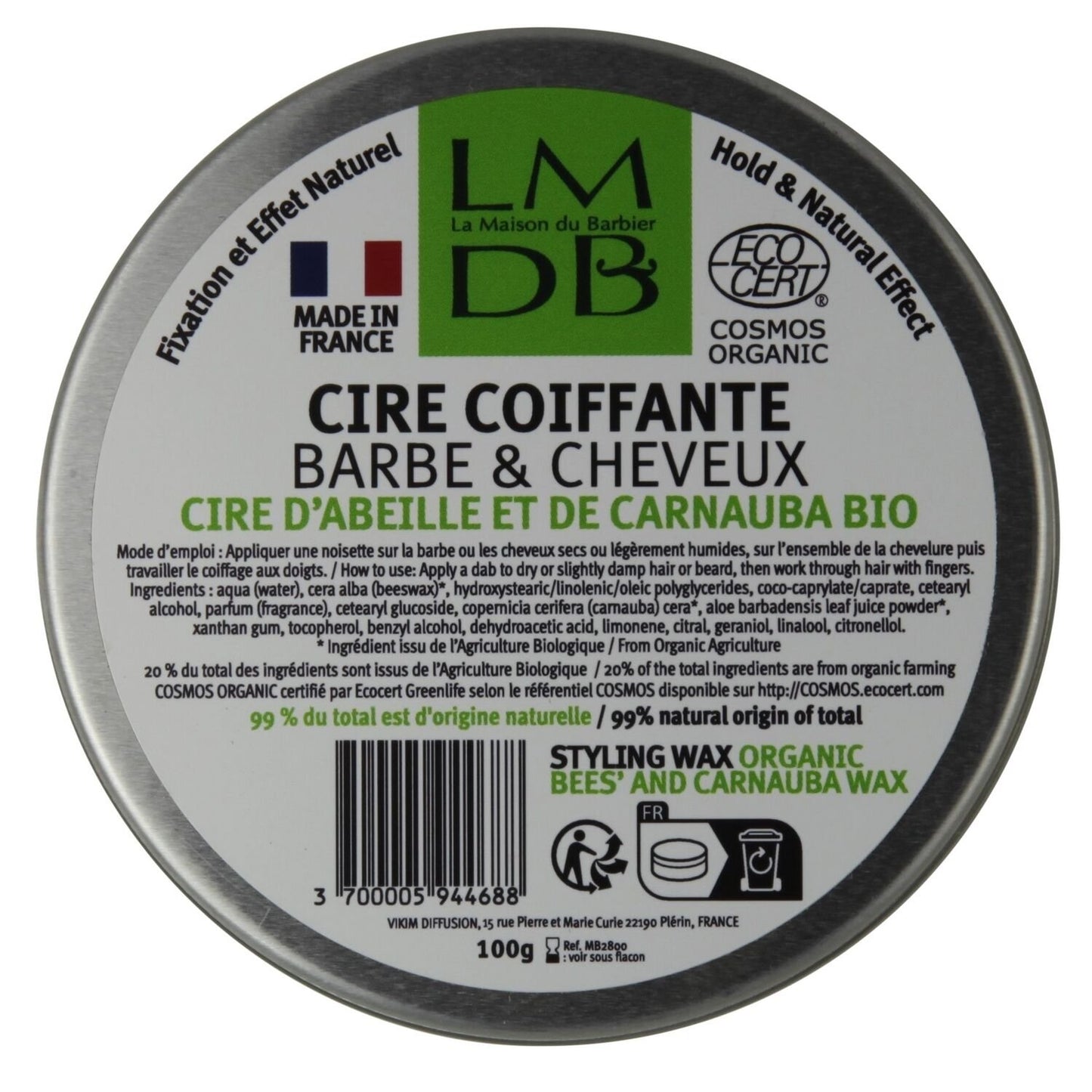 Cire Coiffante Barbe Cheveux Bio Cosmos Organic LA MAISON DU BARBIER le pot de 100g