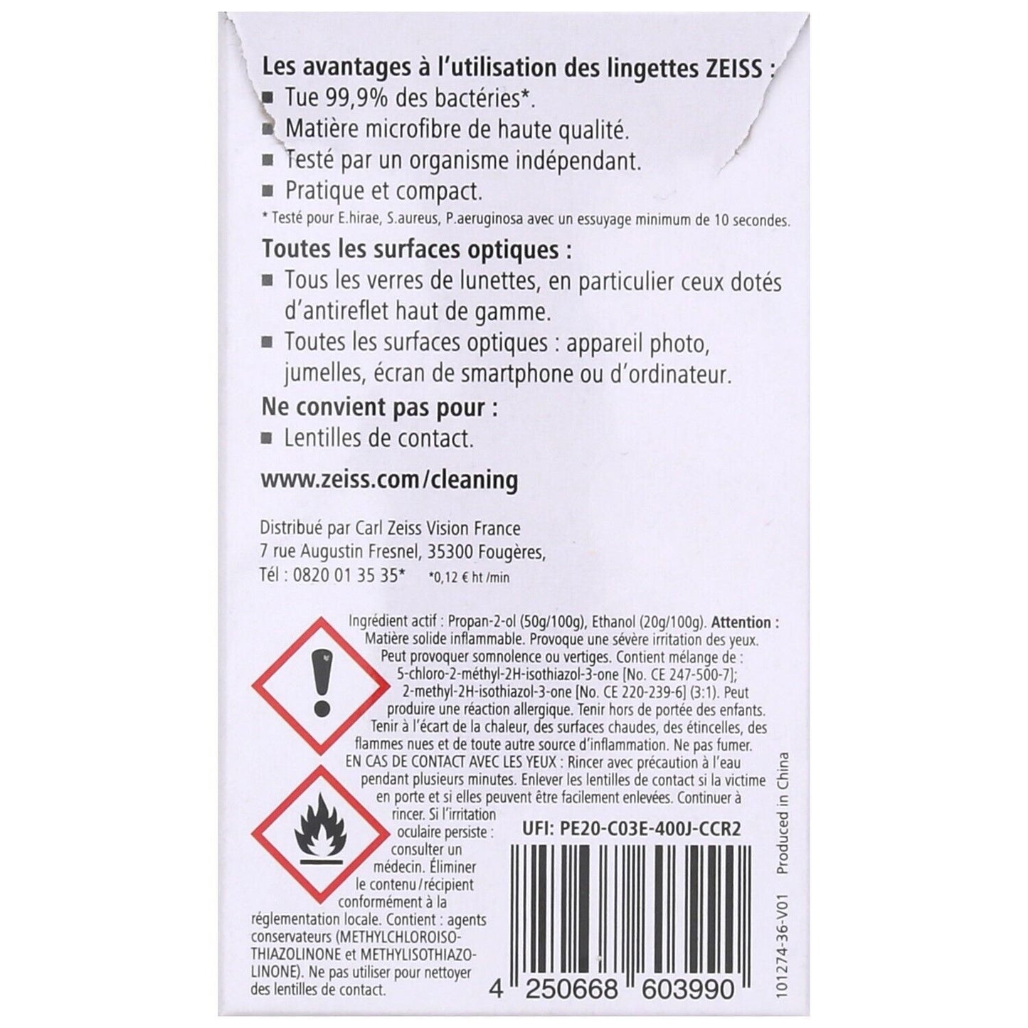 Lingettes Optique Nettoyante Antibactérienne ZEISS