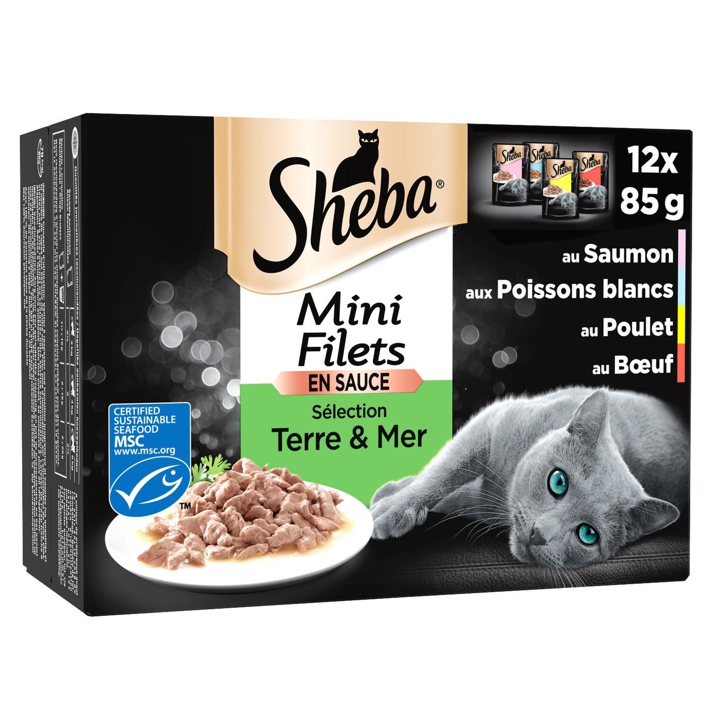 Pâtée pour Chat Adulte Mini Filets en Sauce Poulet Boeuf Poissons Blancs Saumon SHEBA Les 12 sachets de 85g