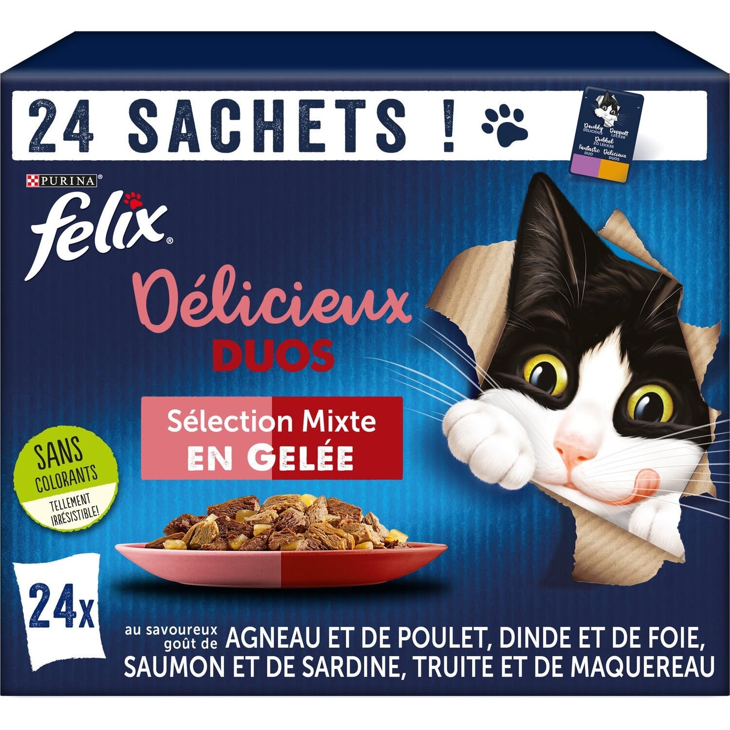 Pâtée pour Chat Adulte Délicieux Duos en Gelée Agneau Poulet Dinde Foie FELIX Les 24 sachets de 85g