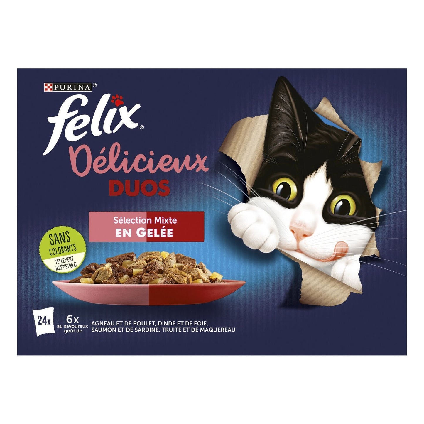 Pâtée pour Chat Adulte Délicieux Duos en Gelée Agneau Poulet Dinde Foie FELIX