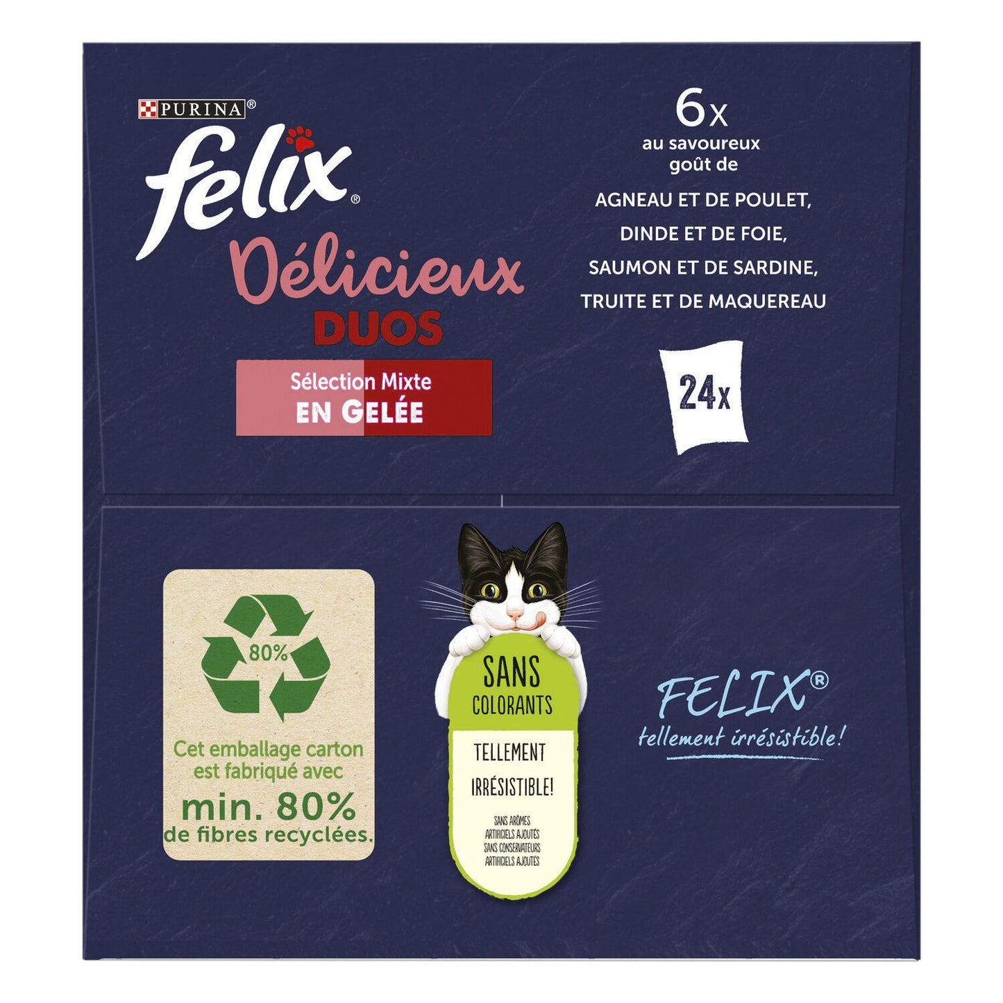 Pâtée pour Chat Adulte Délicieux Duos en Gelée Agneau Poulet Dinde Foie FELIX