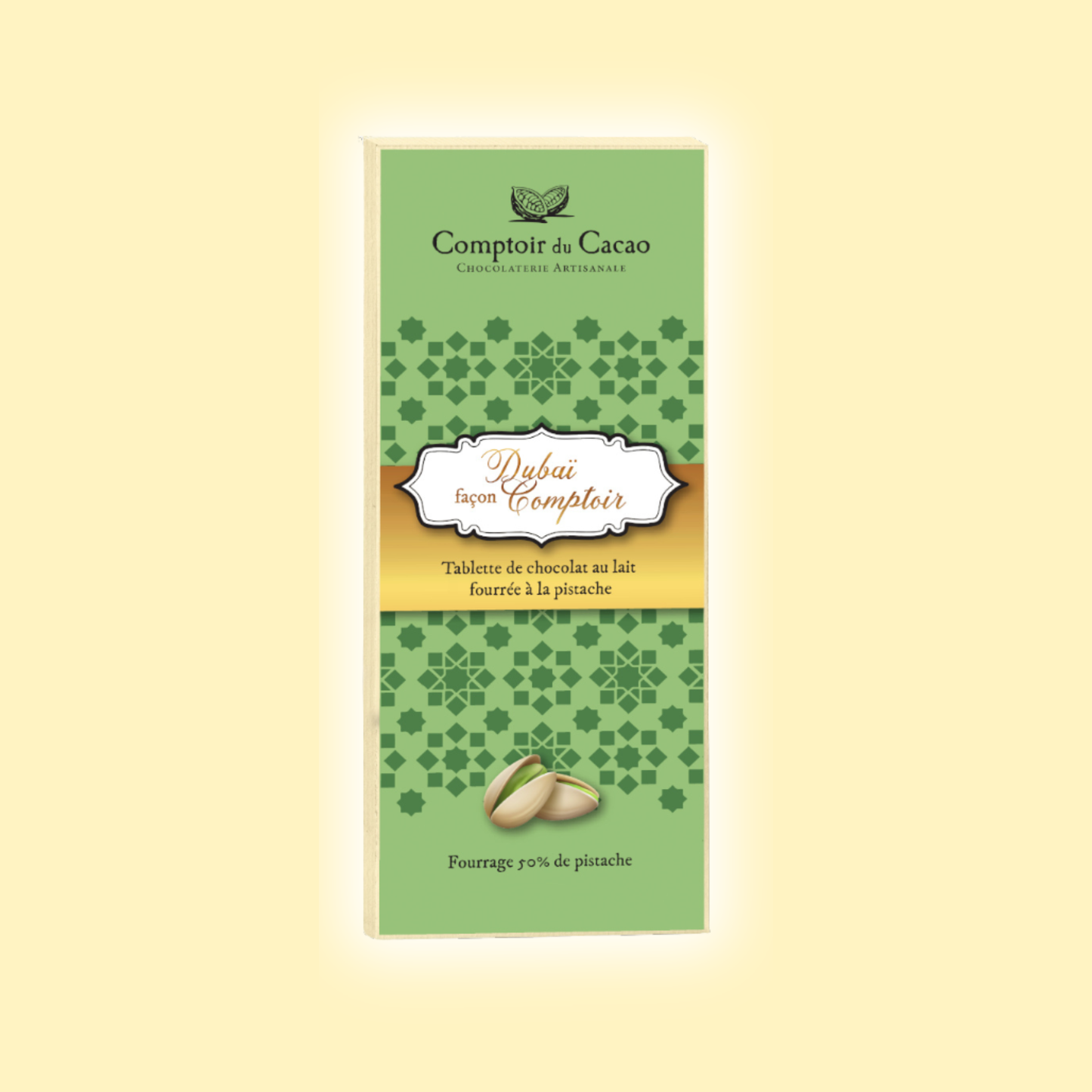 Tablette chocolat au lait pistache Dubaï COMPTOIR DU CACAO