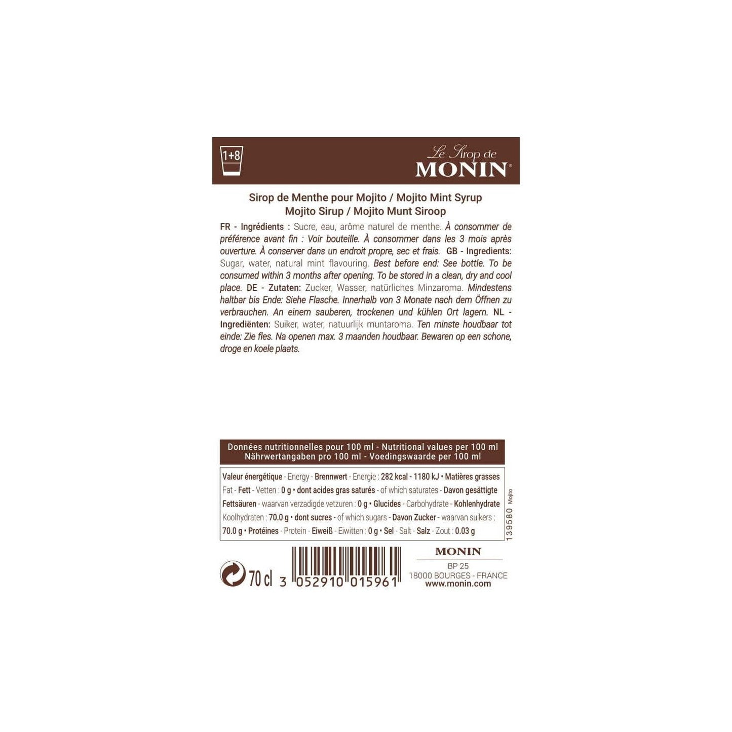 MONIN Natural Flavored Mojito Syrup 70 Cl