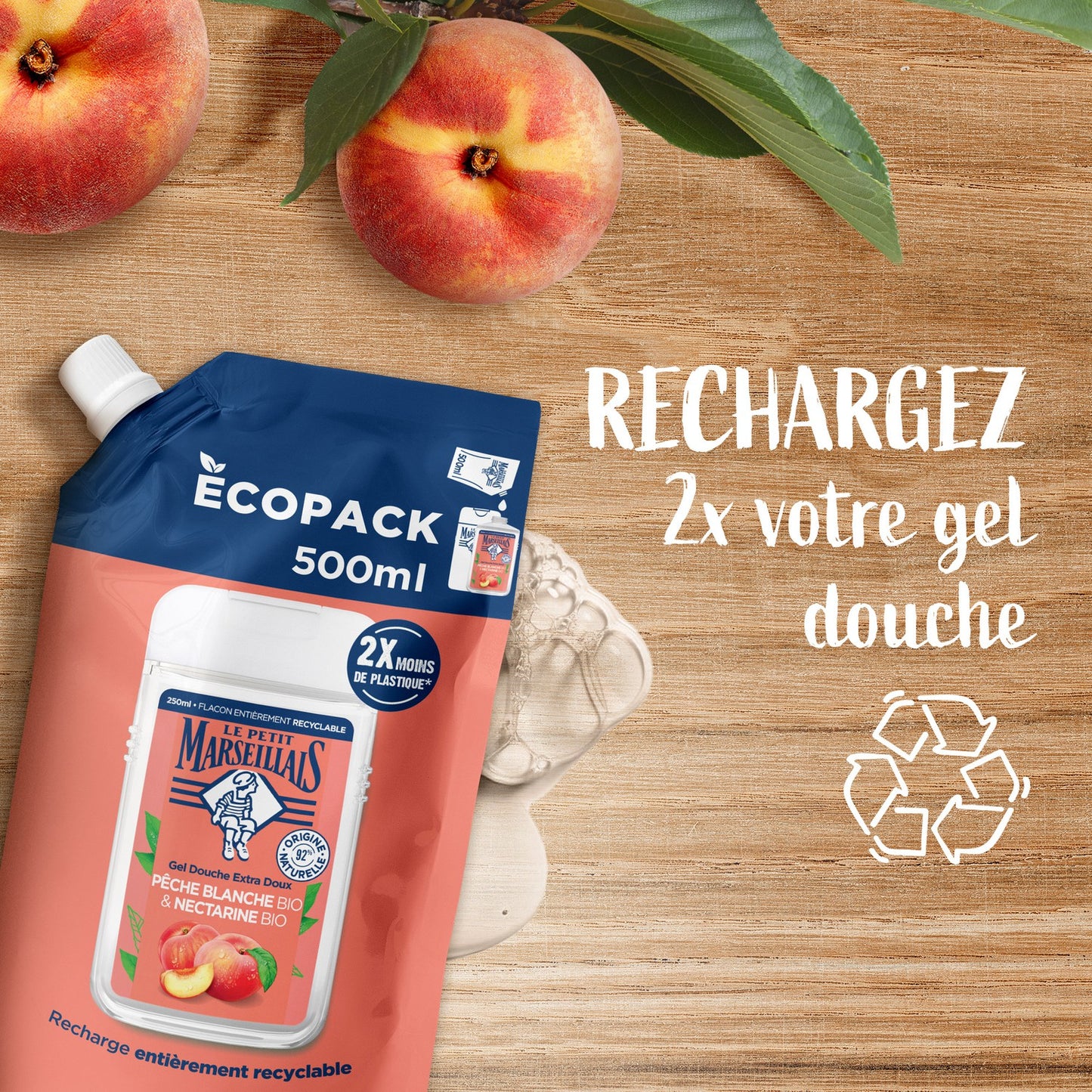 Recharge Crème de Douche Extra Douce Pêche Blanche Bio & Nectarine Bio LE PETIT MARSEILLAIS