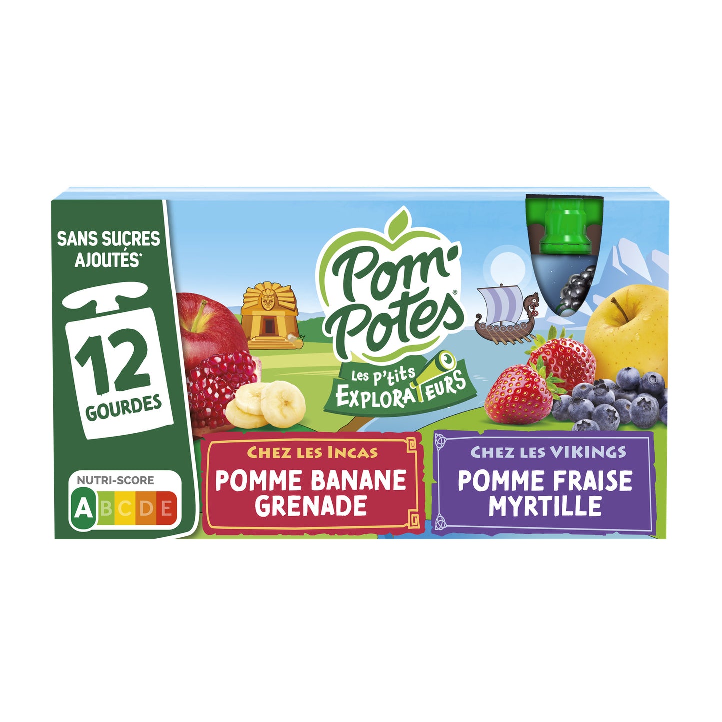 Kompotte für kleine Entdecker Unter den Inkas und Wikingern Apfel-Banane-Granatapfel, Erdbeer-Blaubeere Ohne Zuckerzusatz POM'POTES