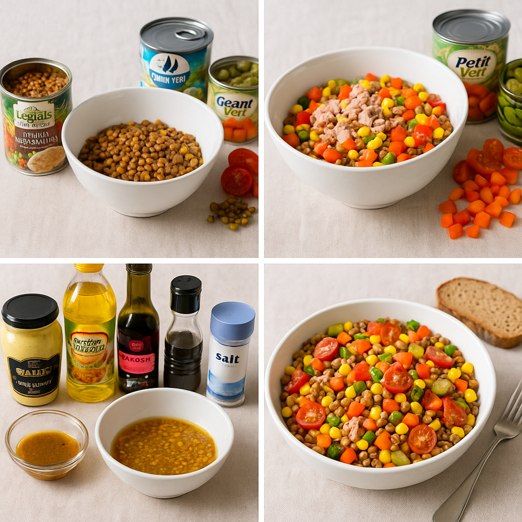 Salade de lentilles au thon, maïs et petits légumes