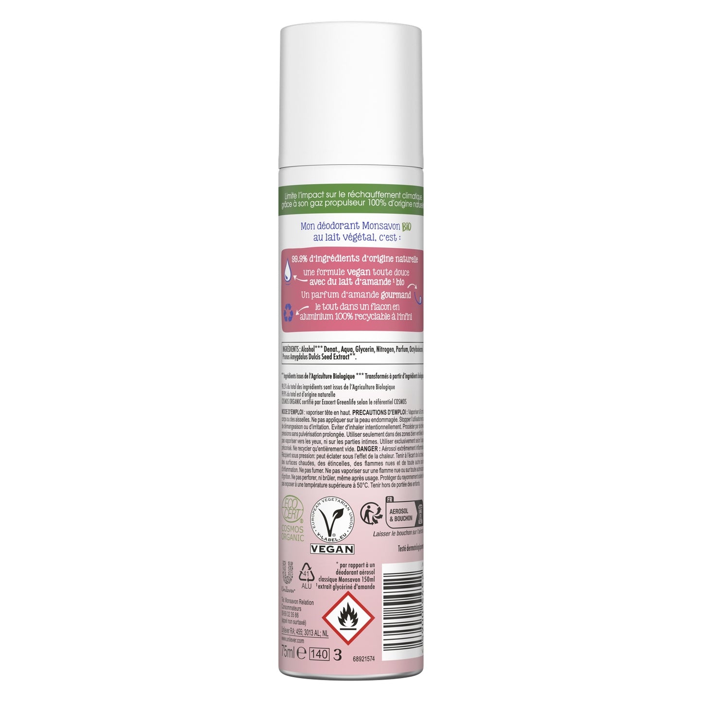 Monsavon Almond Milk Deodorant Spray Organic Plant Milk for Dry Skin