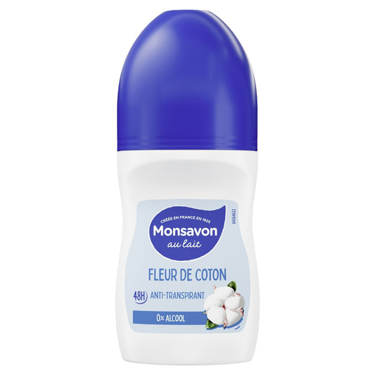 Déodorant Bille Anti-Transpirant 48h 0% Alcool Fleur de Coton MONSAVON le roll-on