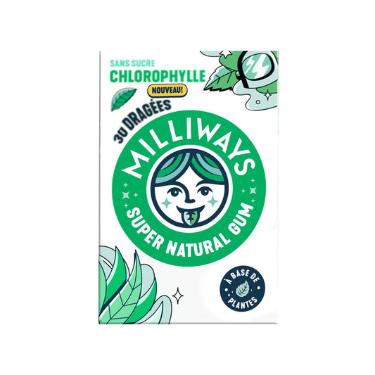 Chewing-Gum Chlorophylle Sans Sucres MILLIWAYS la boîte de 30 dragées