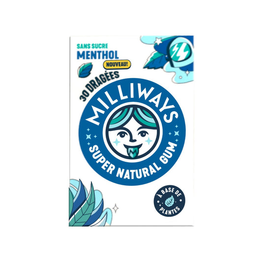Chewing Gum Menthol Eucalyptus Sans Sucre MILLIWAYS la boite de 30 dragées