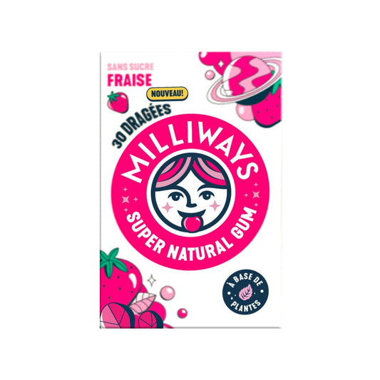 Chewing-Gum Fraise Sans Sucres MILLIWAYS la boîte de 30 dragées