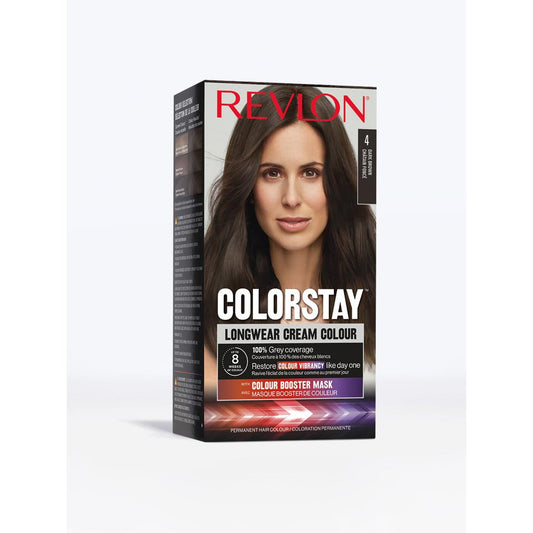 Coloration 4 Châtain Foncé Longue Durée Couvre 100% Cheveux Blancs Colorstay REVLON la boîte