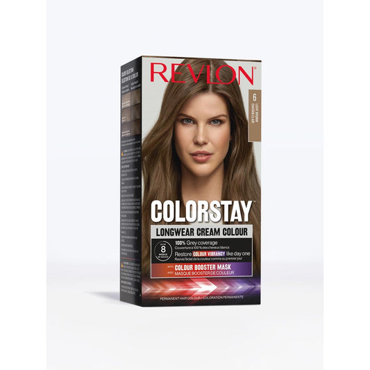 Coloration Permanente 6 Châtain Clair Couvre 100% Cheveux Blancs Huiles Nourrissantes Booster de Couleur Colorstay REVLON la boîte