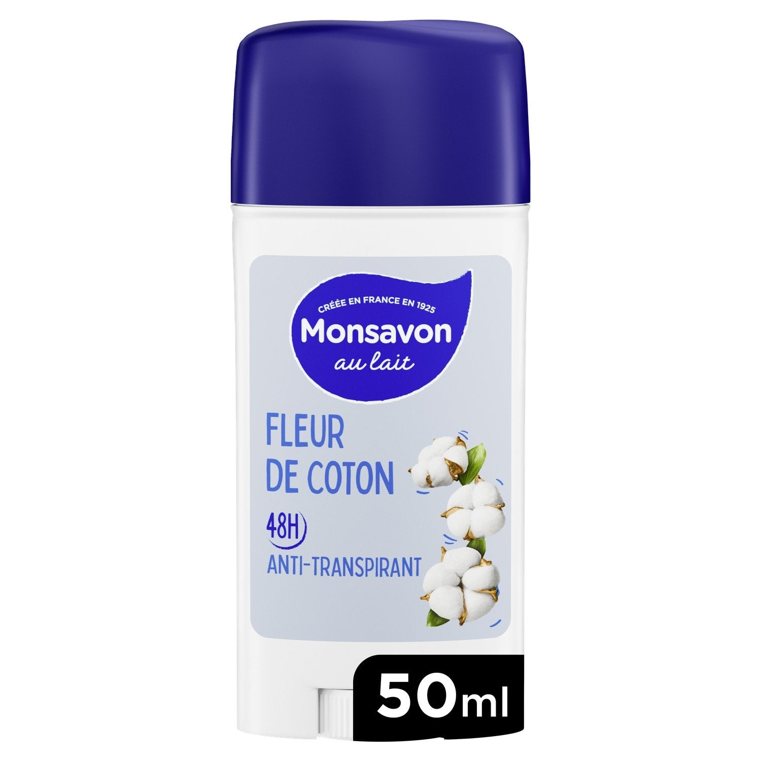 Déodorant Stick Anti-Transpirant Fleur de Coton 48h MONSAVON le stick de 50mL
