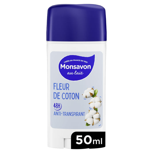 Déodorant Stick Anti-Transpirant Fleur de Coton 48h MONSAVON le stick de 50mL