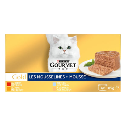 Pâtée pour Chat Adulte Mousselines en Mousse Boeuf Foie Thon Dinde Gold GOURMET