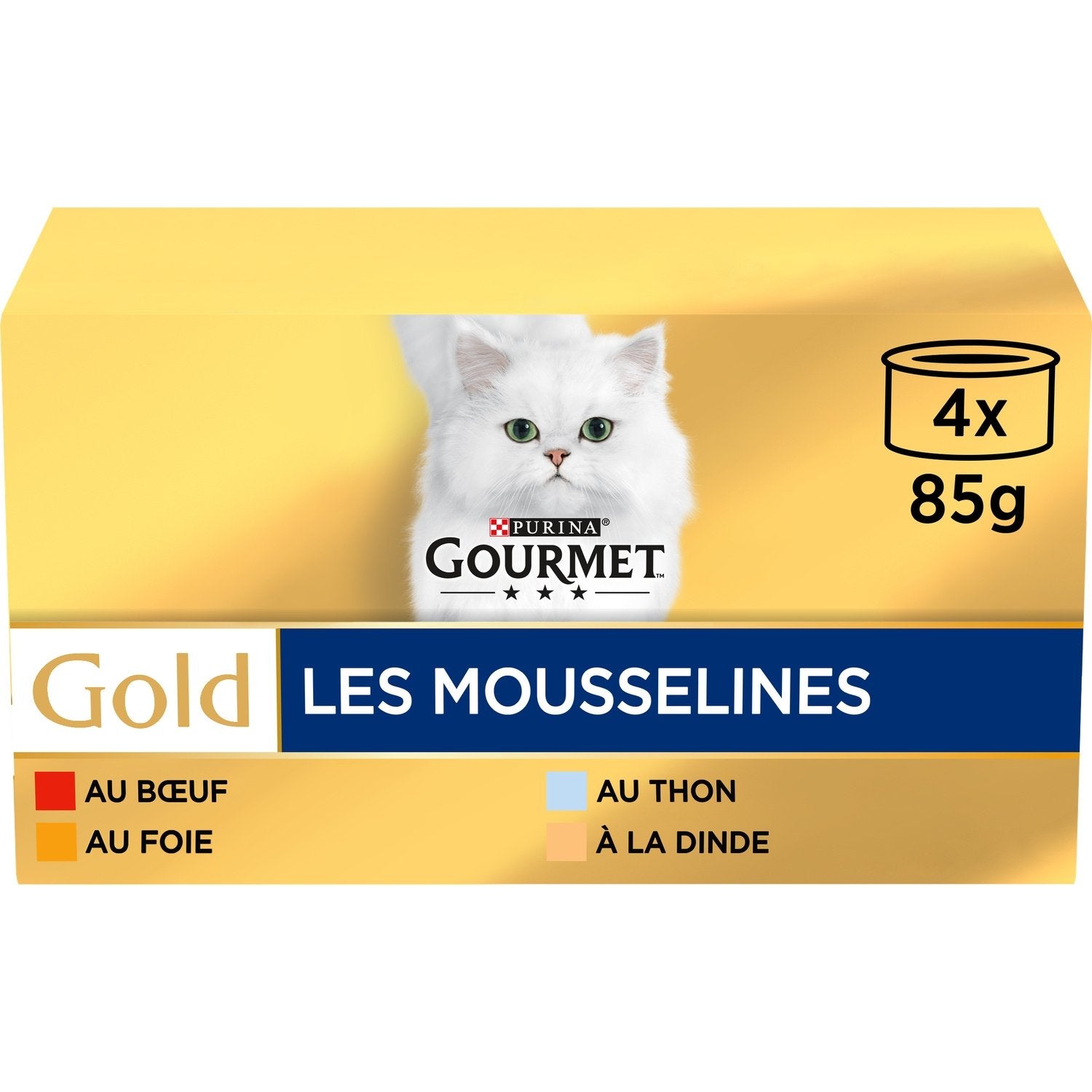 Pâtée Pour Chat Adulte Mousselines En Mousse Boeuf Foie Thon Dinde Gold GOURMET Les 4 boîtes de 85g
