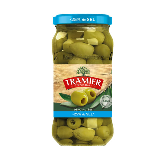 Olives Vertes Dénoyautées Réduit en Sel TRAMIER le bocal de 160 g net égoutté