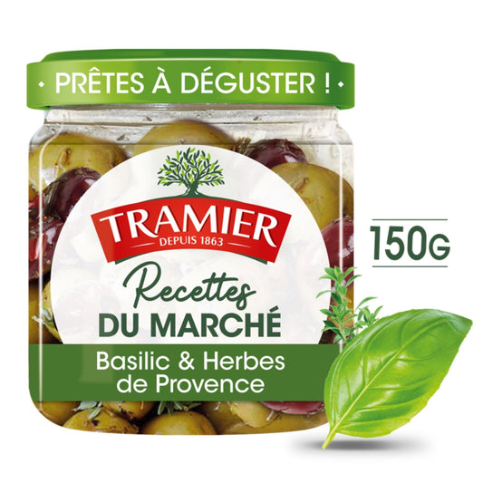 Olives Recettes du Marché Basilic et Herbes TRAMIER le bocal de 150g