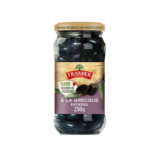 Olives Noires à la Grecque Entières Sans Résidus de Pesticides TRAMIER le bocal de 250g