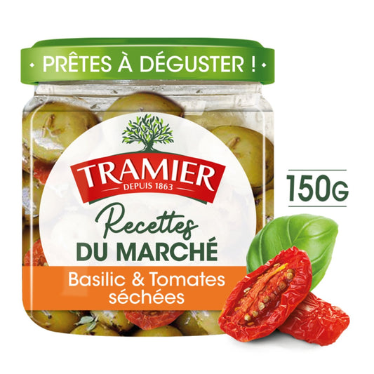 Olives Marinade Basilic et Tomates Séchées TRAMIER le bocal de 150g