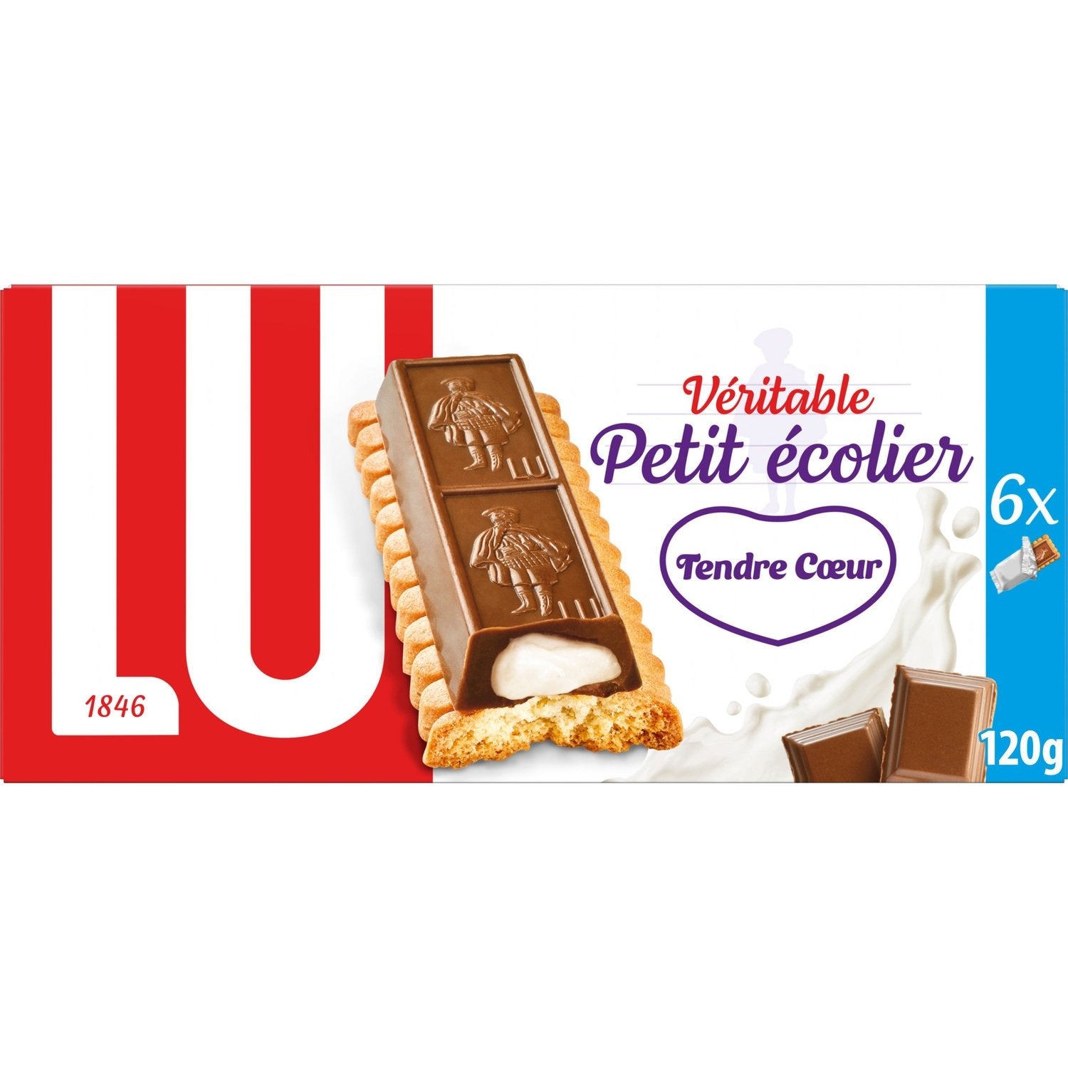 Biscuits Barre Nappés de Chocolat au Lait Tendre Coeur Petit Ecolier LU La boîte de 6 sachets - 120 g