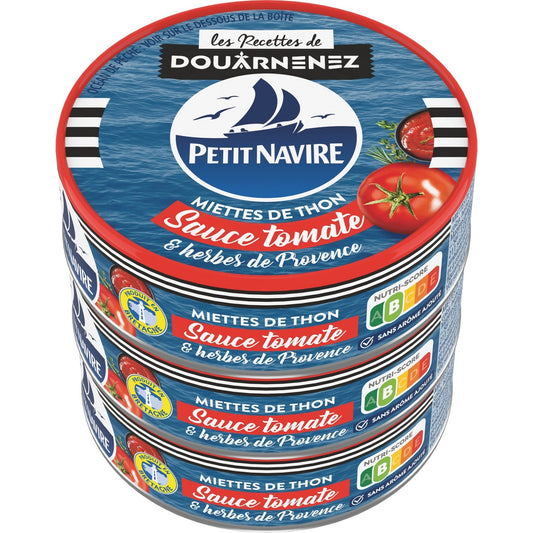 Miettes de Thon à la Tomate PETIT NAVIRE les 3 boites de 52 g net égoutté