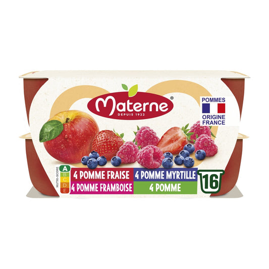 Compotes Pomme, Myrtille, Framboise, Fraise MATERNE les 16 coupelles de 100g