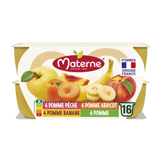 Compotes Pomme, Pêche, Abricot, Banane MATERNE les 16 coupelles de 100g