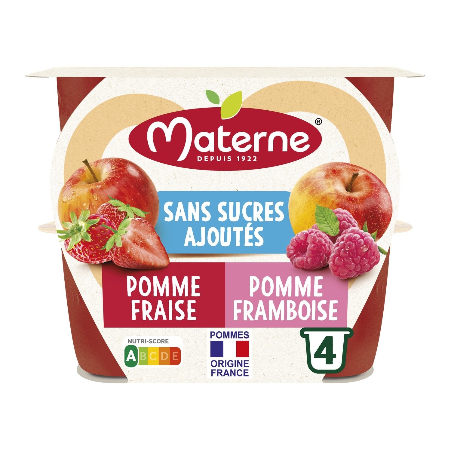 Compotes Duo Pomme Fraise, Pomme Framboise Sans Sucres Ajoutés MATERNE les 4 coupelles de 100g
