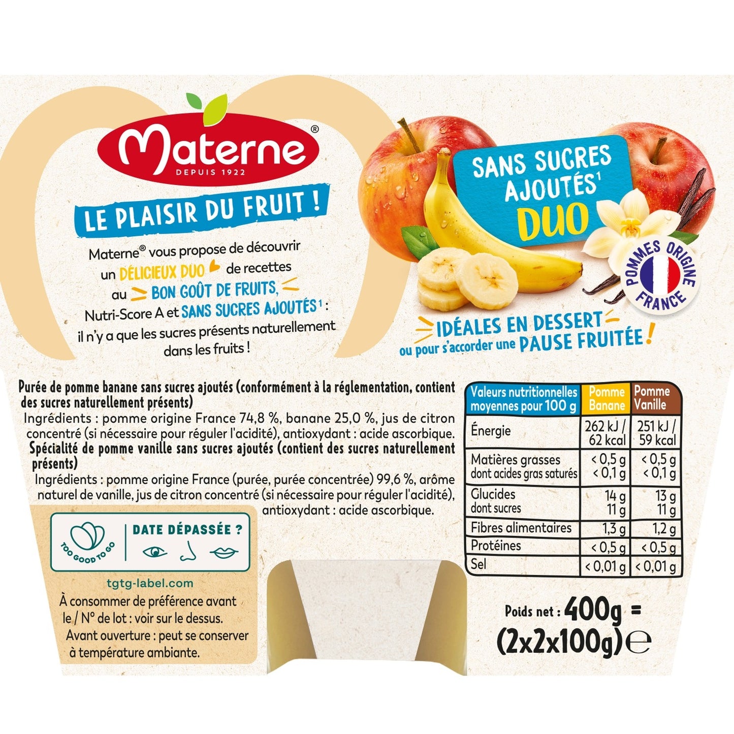 MATERNE Apple Banana, Apple Vanilla Duo Compote No Added Sugar