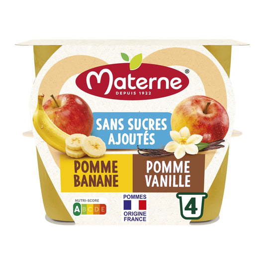Compote Duo Pomme Banane, Pomme Vanille Sans Sucres Ajoutés MATERNE les 4 pots de 100g