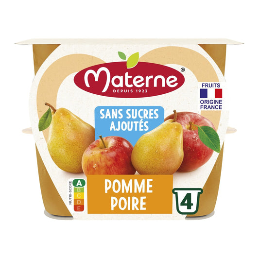 Compotes Pomme Poire Sans Sucres Ajoutés MATERNE les 4 coupelles de 100g