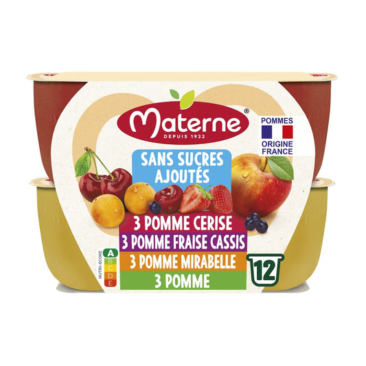 Compotes Pomme, Cerise, Fraise Cassis, Mirabelle Sans Sucres Ajoutés MATERNE les 12 coupelles de 100g