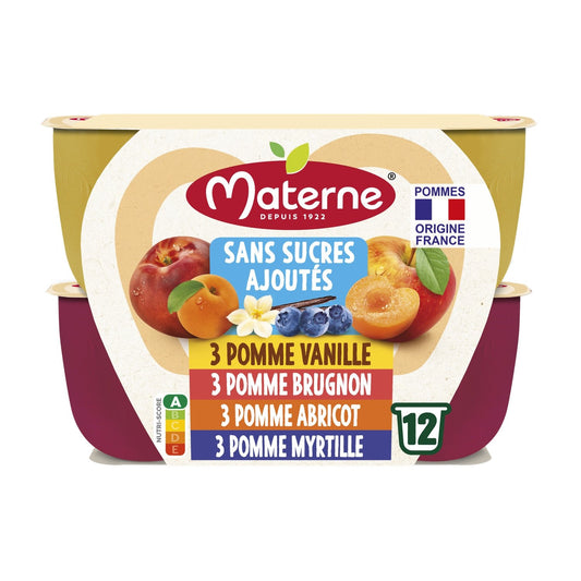 Compotes Pomme Vanille, Brugnon, Abricot, Myrtille Sans Sucres Ajoutés MATERNE les 12 coupelles de 100g