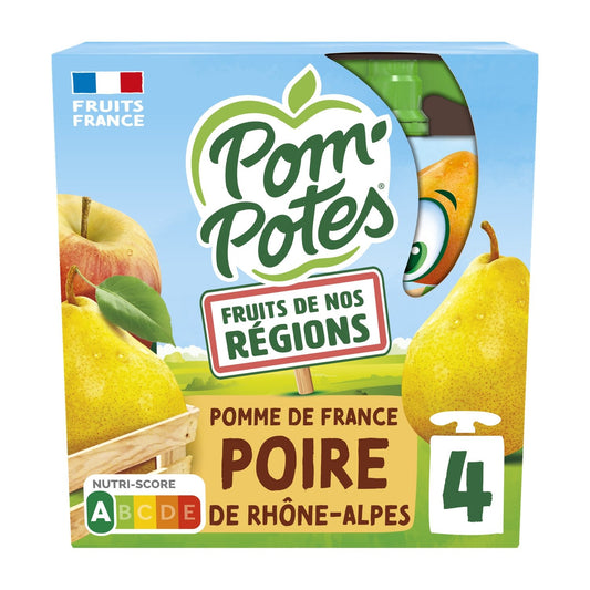 Compotes Fruits de Nos Régions Pomme Poire de Rhône-Alpes Sans Sucres Ajoutés POM'POTES les 4 gourdes de 90g