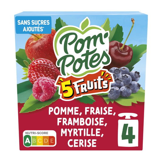 Compotes 5 Fruits Pomme Fraise Framboise Myrtille Cerise Sans Sucres Ajoutés POM'POTES les 4 gourdes de 90g