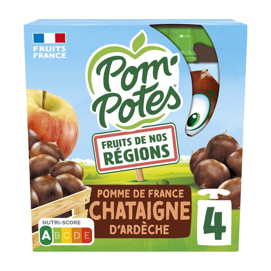Compotes Fruits de Nos Régions Pomme Châtaigne d'Ardèche Sans Sucres Ajoutés POM'POTES les 4 gourdes de 90g