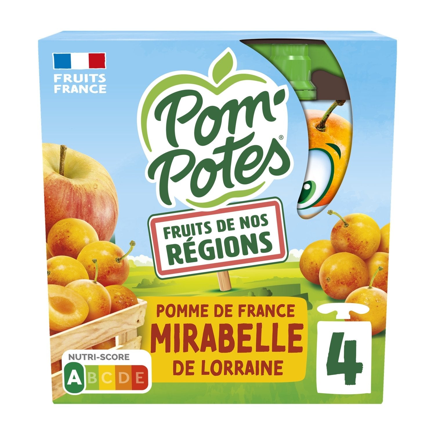 Compotes Fruits de Nos Régions Pomme Mirabelle de Lorraine Sans Sucres Ajoutés POM'POTES les 4 gourdes de 90g