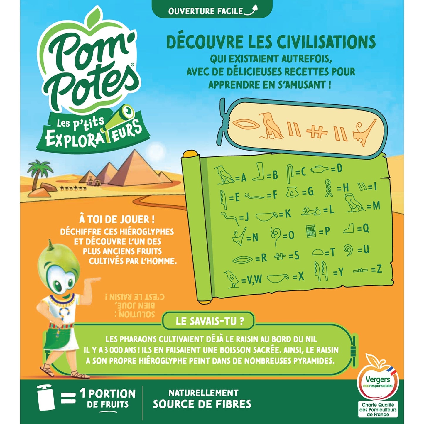 Compotes Les P'tits Explorateurs chez les Pharaons pomme poire raisin sans sucres ajoutés POM'POTES 