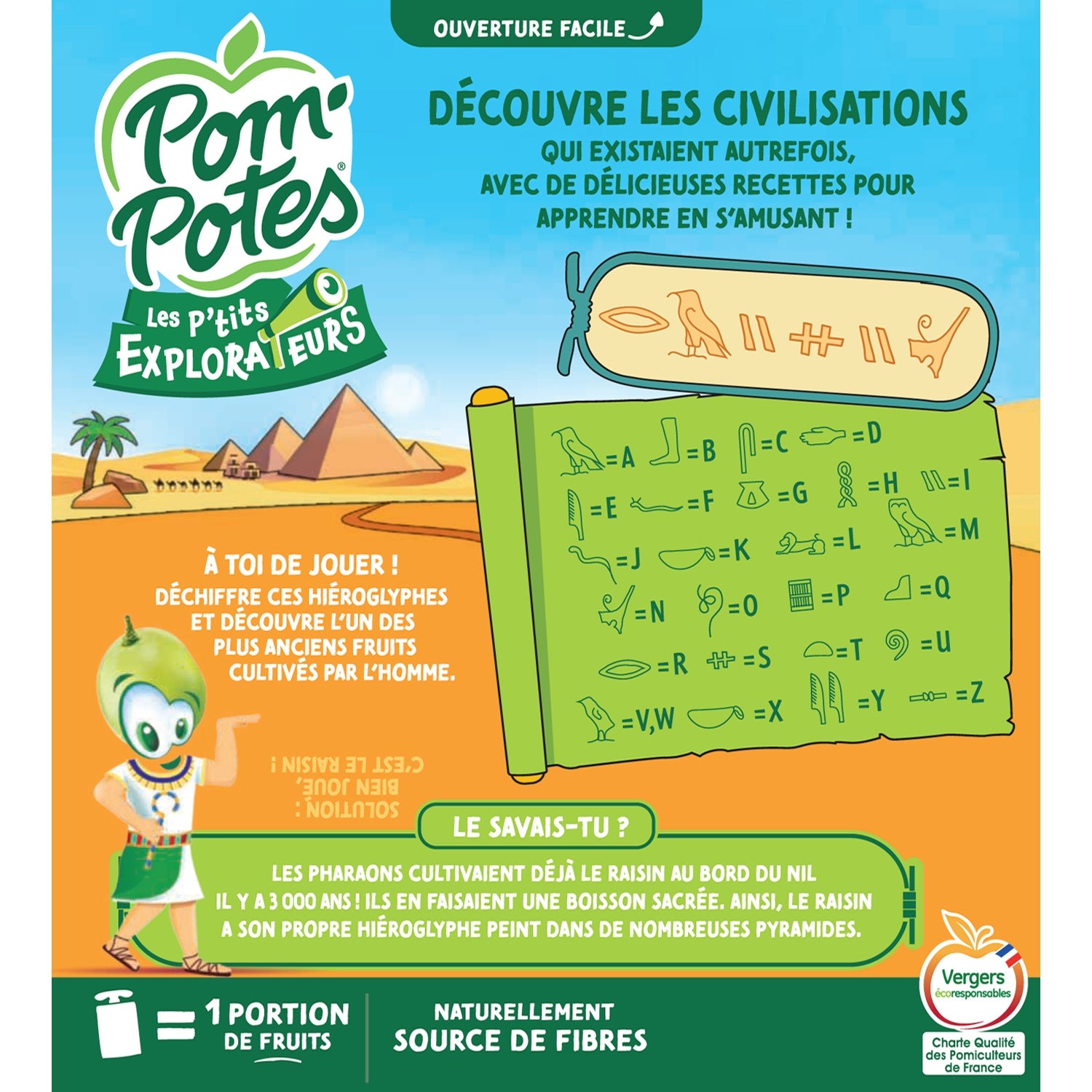 Compotes Les P'tits Explorateurs chez les Pharaons pomme poire raisin sans sucres ajoutés POM'POTES 