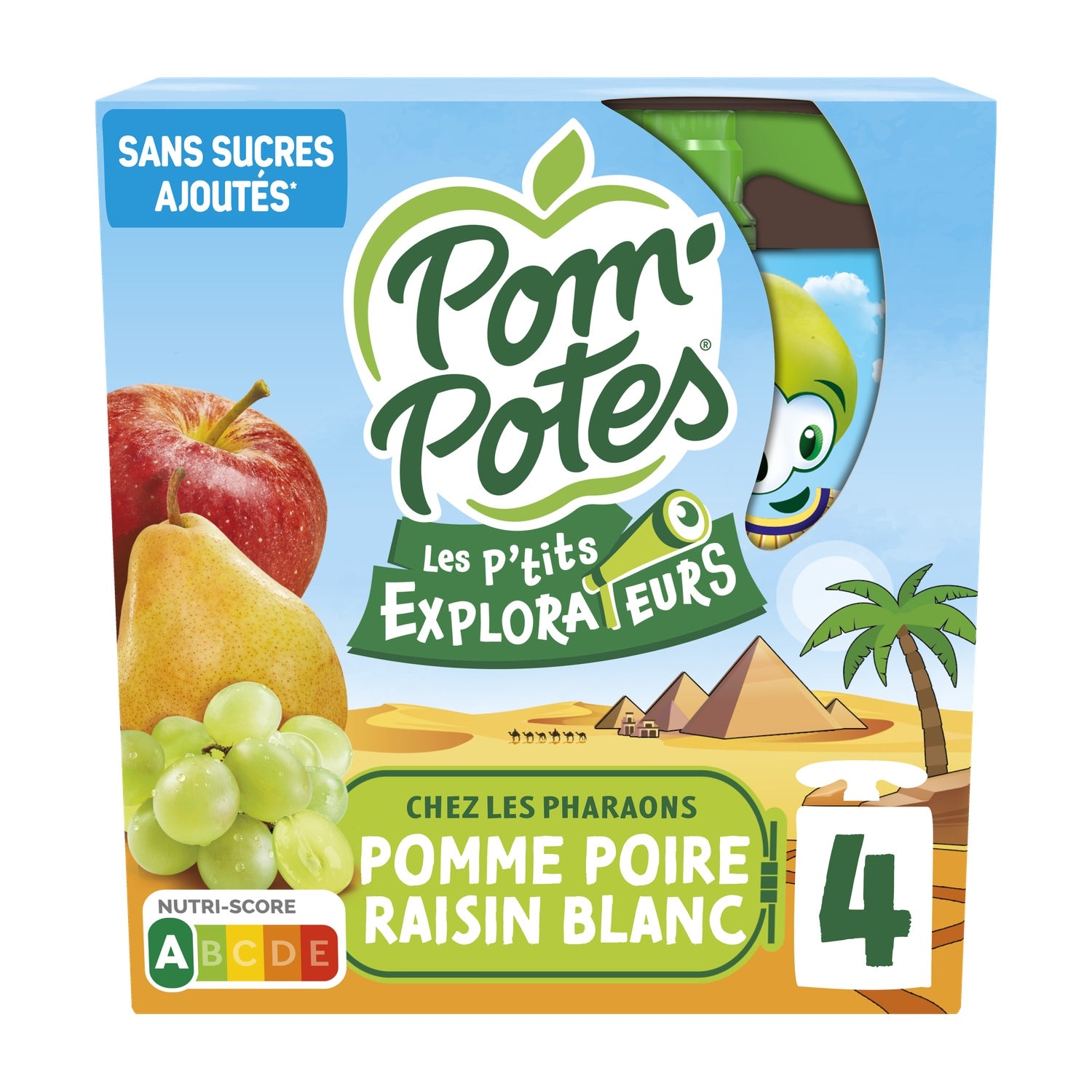 Compotes Les P'tits Explorateurs chez les Pharaons pomme poire raisin sans sucres ajoutés POM'POTES 
